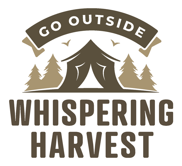 Whispering Harvest logo: a GO OUTSIDE banner over a tent and pine trees, above the words WHISPERING HARVEST.